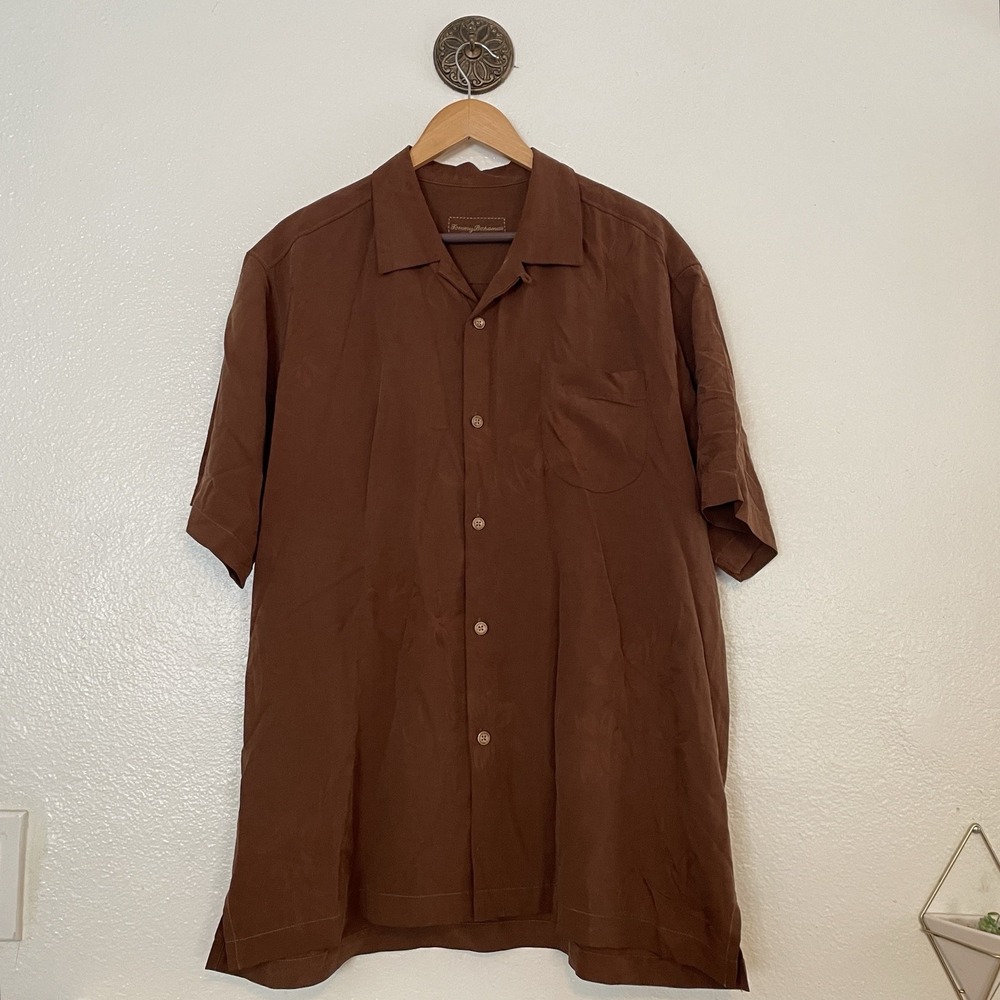 Tommy Bahama Shirt Mens Large Brown Silk Food Truck Embroidered